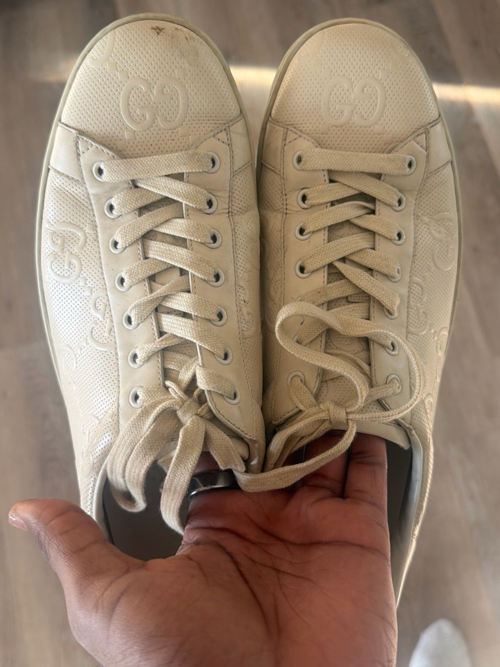 Gucci Cream Embossed Logo Leather Sneakers